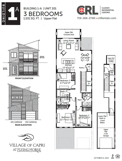 A drawing of a 3 bedroom apartment with a garage is shown.